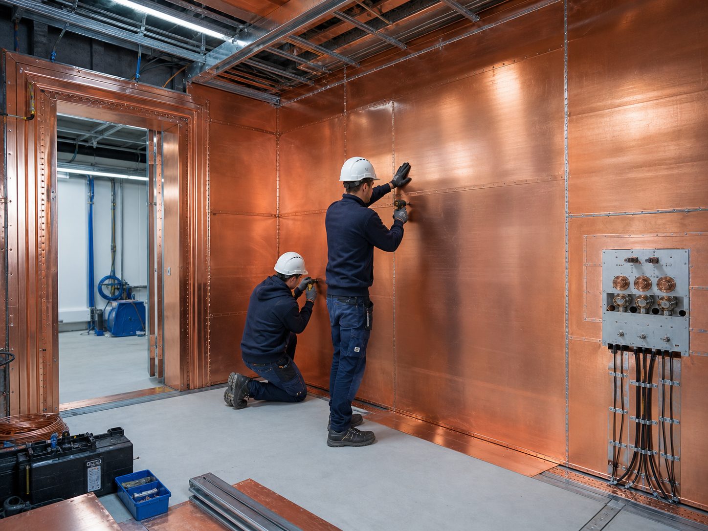 Technicians installing copper RF shielding panels and a filter panel inside an MRI Faraday cage