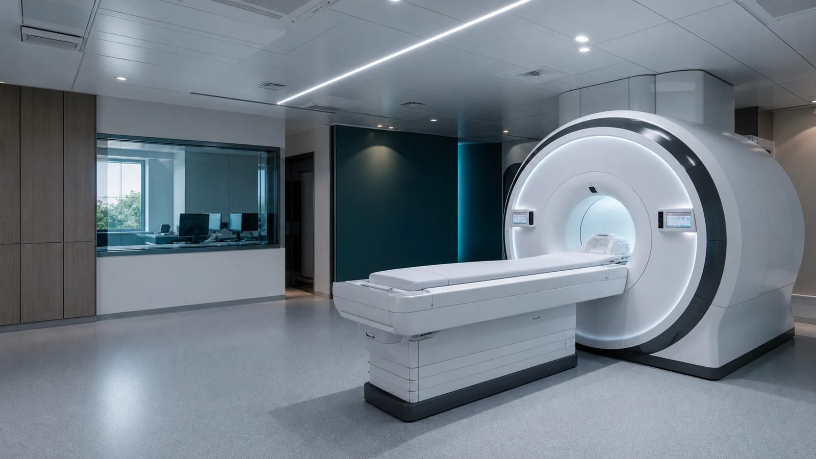 Completed MRI examination room with scanner, patient table and adjoining control room window