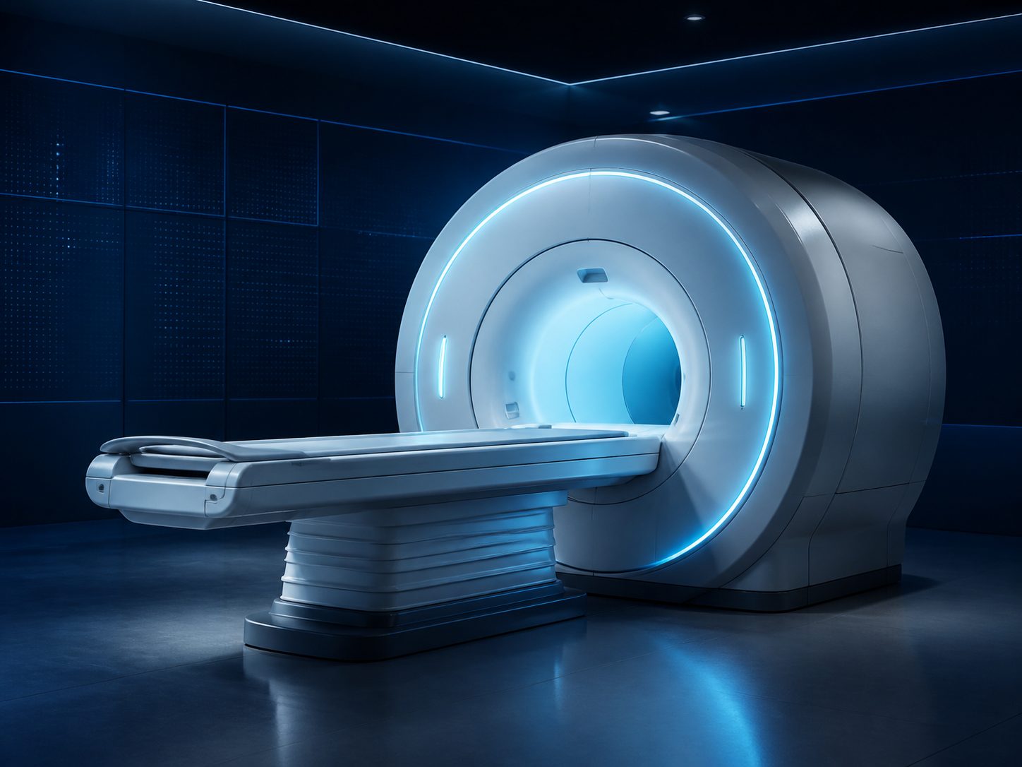 MRI scanner with an illuminated wide bore and patient table in a diagnostic suite