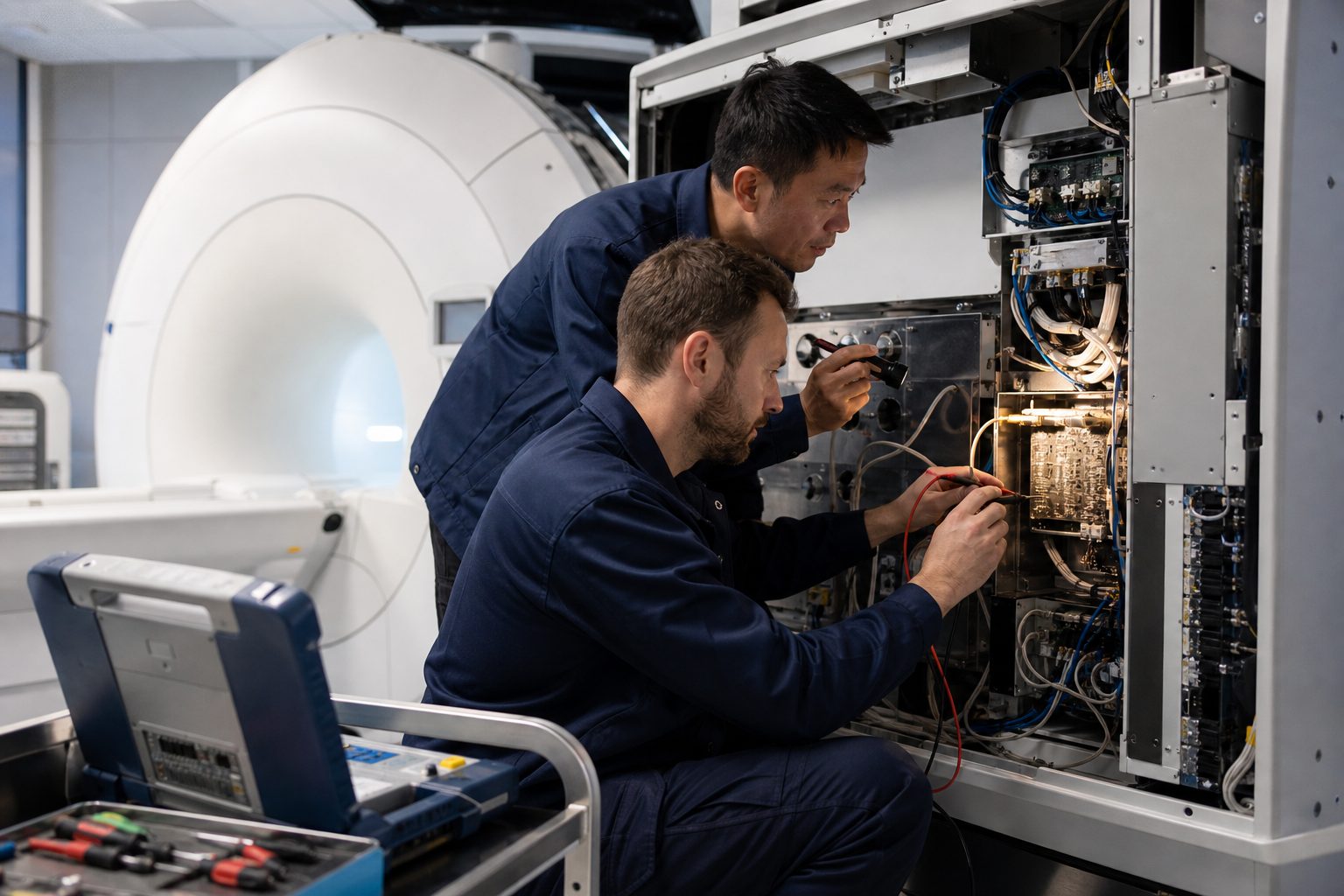 Two field service engineers taking measurements inside an open MRI electronics cabinet next to the magnet